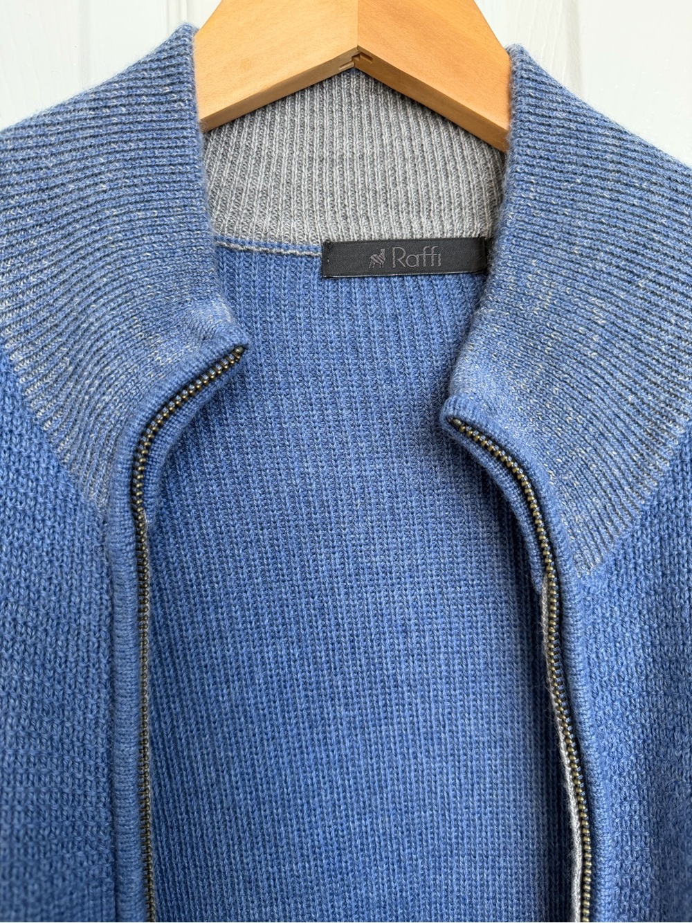 Raffi Men's Light Blue Zip-Up Ribbed Wool Blend Sweater